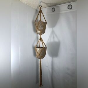 Tan Double Macrame Plant Hanger with Tan Pots. NEW.
